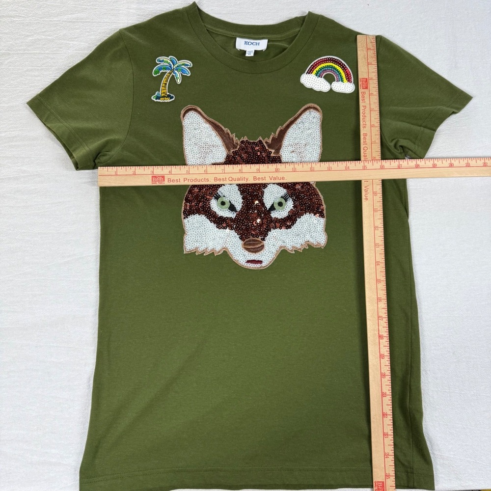 KOCH Fox Sequin Graphic Tee Women Medium Olive Green Embellished USA Cotton - Picture 7 of 8